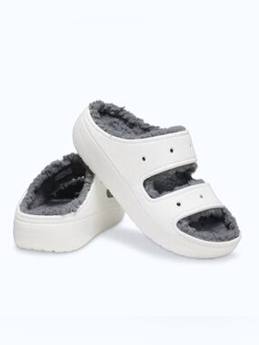CROCS | Classic Cozzzy white gray faux fur sporty slip-on slides shoes | W 10
